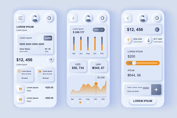 Finance services concept neumorphic templates set. Financial account in online banking, transaction monitoring. UI, UX, GUI screens for responsive mobile app. Vector design kit in neumorphism style - obrazy, fototapety, plakaty