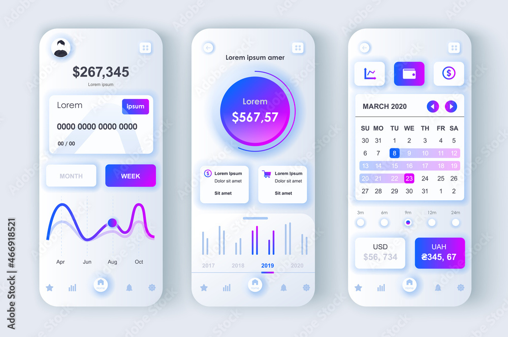 Aufkleber finance services concept neumorphic templates set. online banking, account opening, monitoring and n