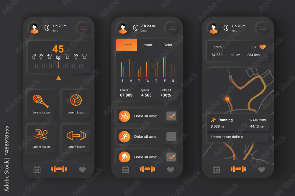 Poster Fitness workout concept neumorphic templates set. Sports activity tracker, weight check, map with route for run. UI, UX, GUI screens for responsive mobile app. Vector design kit in neumorphism style