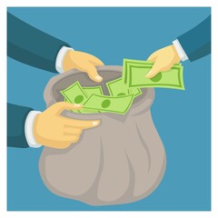 hand giving money. while others receive money in big sacks. anti corruption. flat vector illustration
