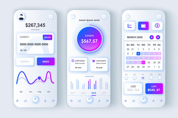 Finance services concept neumorphic templates set. Online banking, account opening, monitoring and navigation. UI, UX, GUI screens for responsive mobile app. Vector design kit in neumorphism style