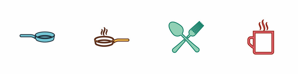 Set Frying pan, , Crossed fork and spoon and Coffee cup icon. Vector