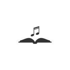 Audio book logo. black opened book with music note on white background.
