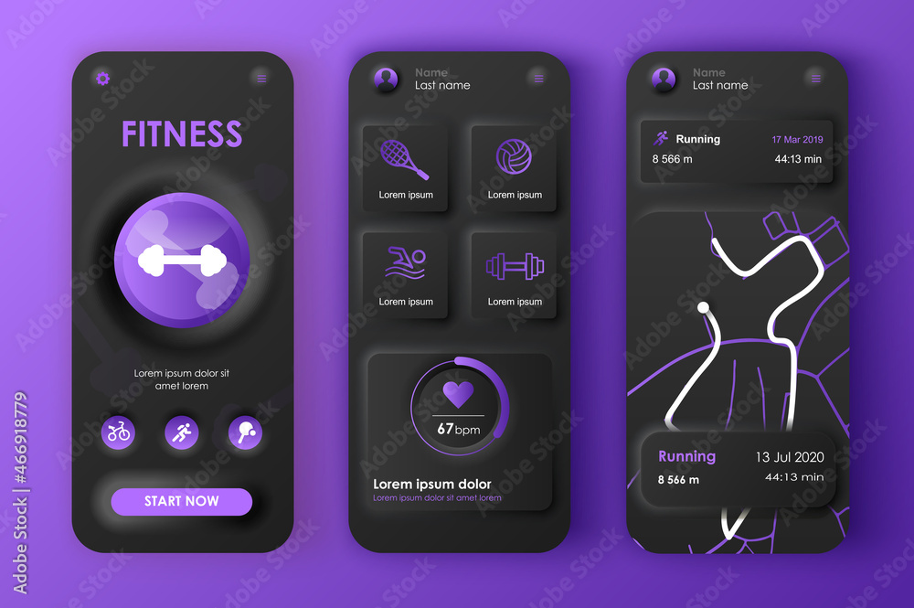 Poster fitness workout concept neumorphic templates set. tracker different sports training, running routes,