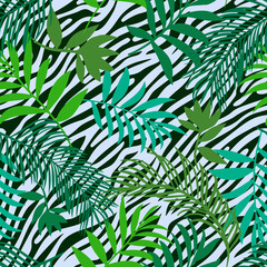 Botanical seamless pattern mixed with tiger zebra stripes skin texture. Hand drawn fantasy exotic sprigs and leafage. Floral background made of herbal foliage leaves for fashion, textile, fabric.