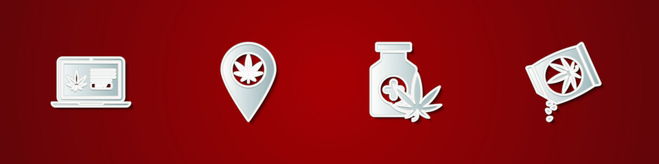 Set Online buying marijuana, Location and, Medical bottle with and Marijuana or cannabis seeds icon. Vector