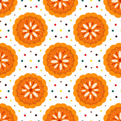 Minimalist style bright pumpkin pies and colorful dots forming seamless pattern on white background