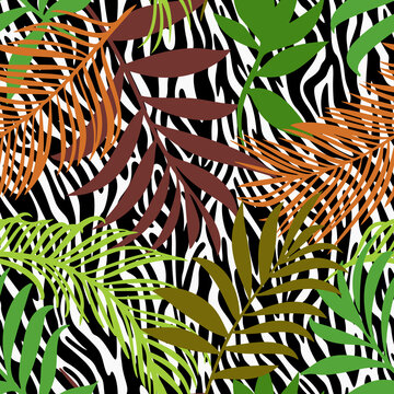 Botanical seamless pattern mixed with zebra stripes skin texture. Hand drawn fantasy exotic sprigs and leafage. Floral background made of herbal foliage leaves for fashion design, textile, fabric.