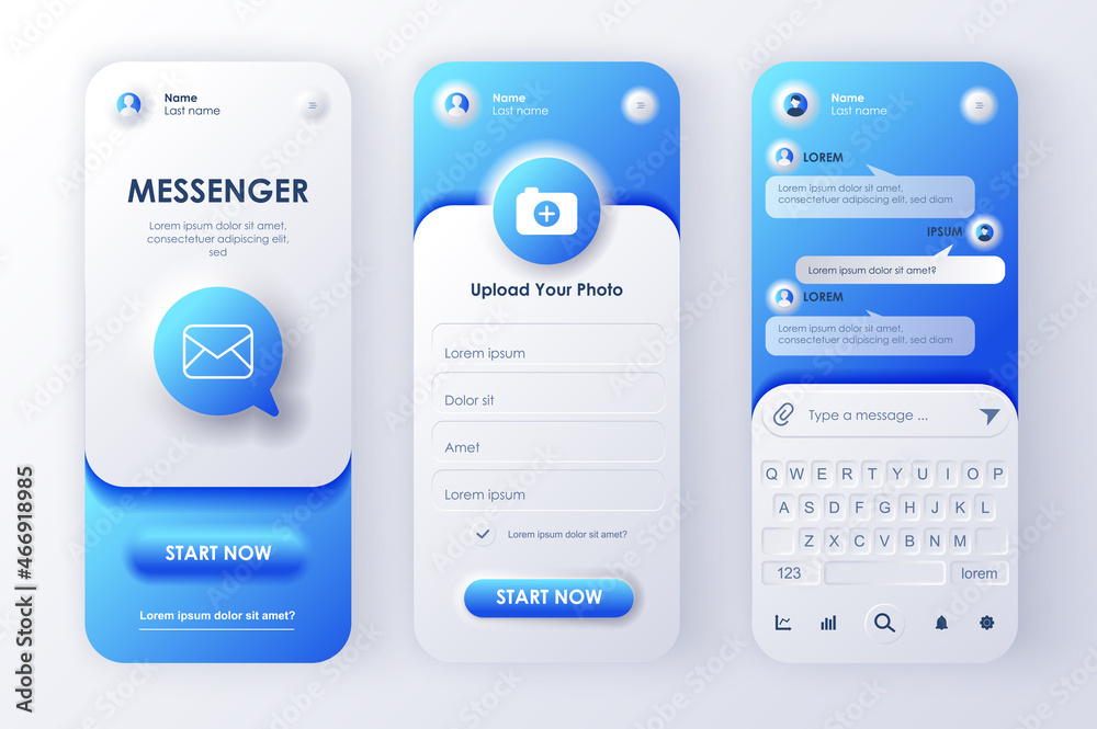 Fototapete online messenger concept neumorphic templates set. login and registration form, chat, sending messag