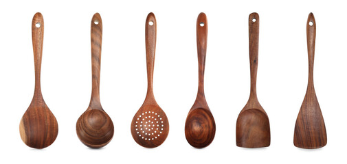 Set of wooden kitchen tools on white background. Banner design