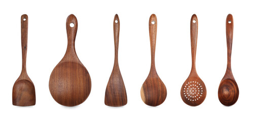 Set of wooden kitchen tools on white background. Banner design