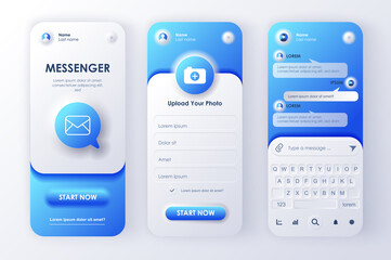 Fototapeta na wymiar Online messenger concept neumorphic templates set. Login and registration form, chat, sending messages, keyboard. UI, UX, GUI screens for responsive mobile app. Vector design kit in neumorphism style
