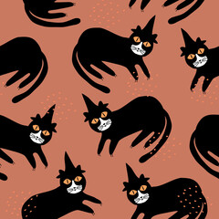 Black cat with magic hat and yellow eyes hand drawn vector illustration. Spooky feline character. Halloween seamless pattern.