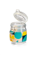 Detailed shot of a glass jar. Kitchen tableware is transparent. The jar with opened lid and geometric print is isolated on the white background.