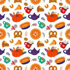 Colorful various autumn pastry and drinks amidst leaves forming seamless pattern on white background