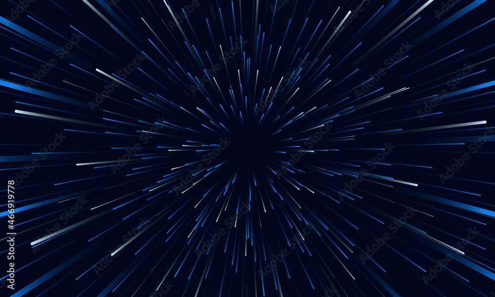 Poster Blue and white speed lights abstract background travel through time and space. Fast movement hyper speed dark blue backdrop. Motion lines abstract futuristic vector background.