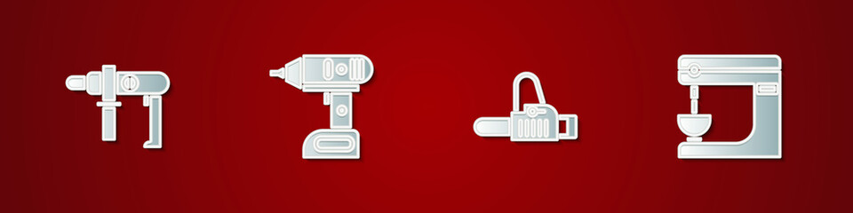 Set Electric drill machine, cordless screwdriver, Chainsaw and mixer icon. Vector