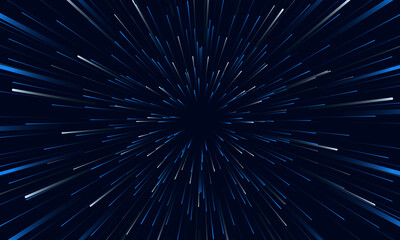Obraz premium Blue and white speed lights abstract background travel through time and space. Fast movement hyper speed dark blue backdrop. Motion lines abstract futuristic vector background.