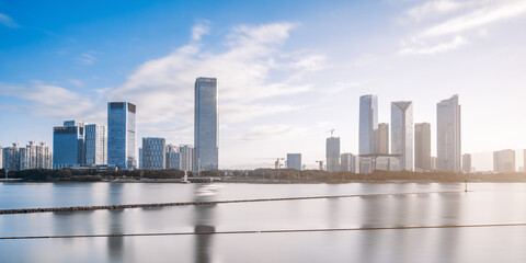 Early morning scenery of CBD city along the Minjiang River in Fuzhou, Fujian, China