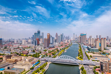 Fototapeta na wymiar Aerial photography of the city skyline of Haihe Zhigu and Zhigu Bridge, Tianjin, China