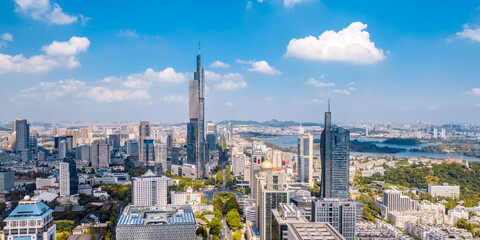 Aerial view of Zifeng Building and city skyline in Nanjing, Jiangsu, China