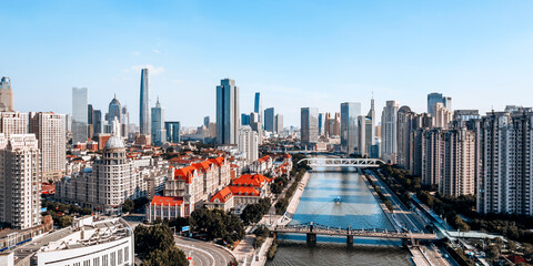 Obraz premium Aerial photography of the city skyline in the Olympic style district of Jintang Bridge, Haihe River, Tianjin, China