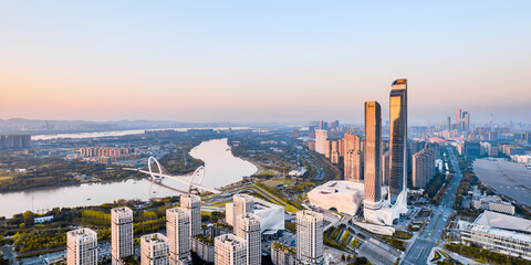 Aerial view of the city skyline of Nanjing Eye Bridge and Poly Theater, Nanjing, Jiangsu, China