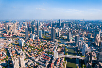 Fototapeta na wymiar Aerial photography of Haihe River and city skyline in Tianjin, China