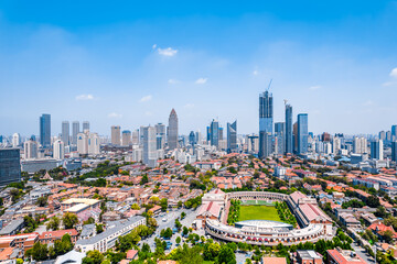 Fototapeta premium Aerial photography of 5th Avenue Minyuan Square and city skyline in Tianjin, China