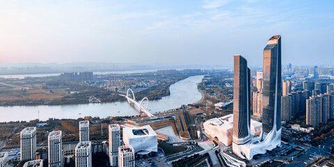 Aerial view of the city skyline of Nanjing Eye Bridge and Poly Theater, Nanjing, Jiangsu, China © Govan