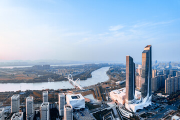 Aerial view of the city skyline of Nanjing Eye Bridge and Poly Theater, Nanjing, Jiangsu, China