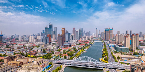 Fototapeta na wymiar Aerial photography of the city skyline of Haihe Zhigu and Zhigu Bridge, Tianjin, China