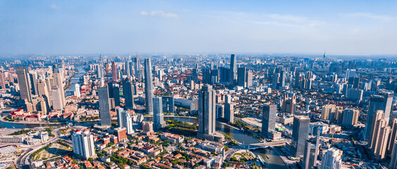 Aerial photography of Haihe River and city skyline in Tianjin, China