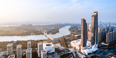 Aerial view of the city skyline of Nanjing Eye Bridge and Poly Theater, Nanjing, Jiangsu, China © Govan