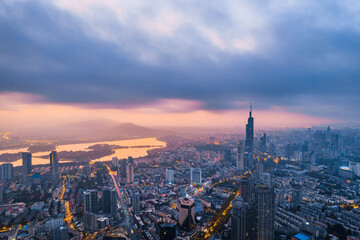 Aerial photography of early morning scenery of Zifeng Building and Xuanwu Lake in Nanjing, Jiangsu, China