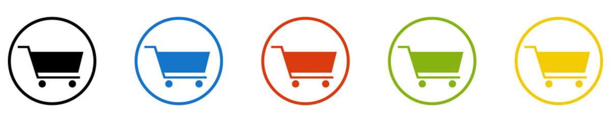 Bunter Banner mit 5 farbigen Icons: Einkaufswagen, Shop, Onlineshop, Einkaufen oder Supermarkt