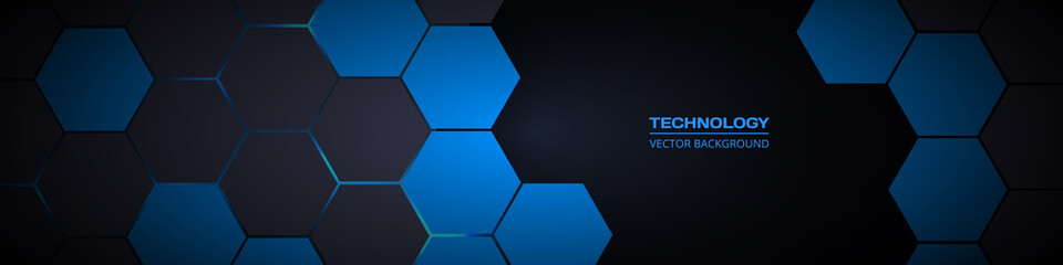 Dark gray and blue hexagonal technology abstract horizontal vector background. Blue bright energy flashes under hexagon in modern futuristic wide technology banner. Dark honeycomb texture grid.
