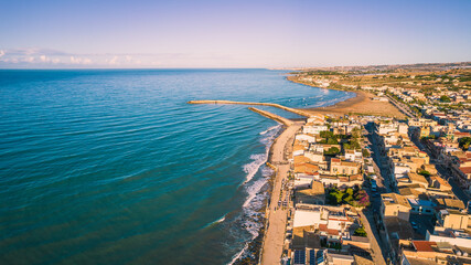 Fototapeta premium Amazing Panorama of Donnalucata and Mediterranean Sea at Dawn from above, Scicli, Ragusa, Sicily, Italy, Europe--