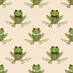 Cute frogs on a beige background: seamless pattern. Charming quirky amphibians. Cute hand-drawn animal print for kids wallpaper, packaging and home decor textile