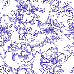 Floral bloom. Silhouettes of large roses and petals. Outline sketch contour drawing, Line art. Seamless pattern of garden flowers drawn by pen.