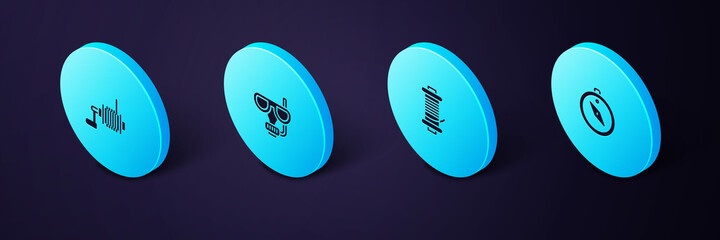 Set Isometric Compass, Spinning reel for fishing, Diving mask and snorkel and icon. Vector