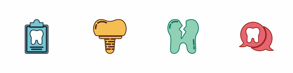 Set Dental card, implant, Broken tooth and Tooth icon. Vector