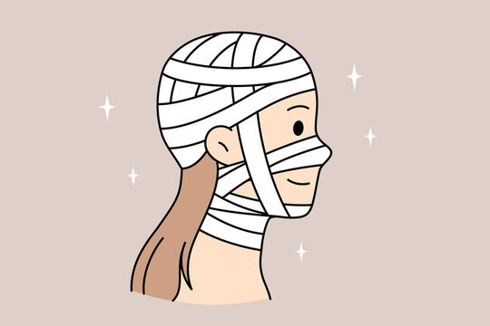 Head injury and healthcare concept. Head of young smiling woman cartoon character side view injured wrapped in bandages vector illustration 
