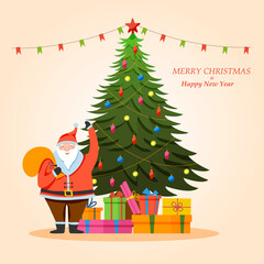 vector illustration of decorated Christmas tree and Santa Claus