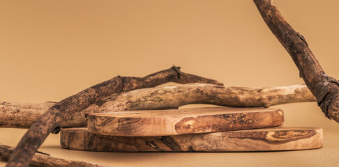 Rustic branches and wood stump podium. Front view. Background for products cosmetics, food or...