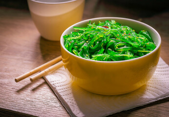 An image close-up salad seaweed Japanese food or nori weed slice Eat with Sushi  It is a food obtained from the natural sea.