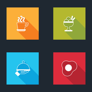 Set Coffee Cup, Ice Cream In Bowl, Covered With Tray Food And Scrambled Eggs Icon. Vector