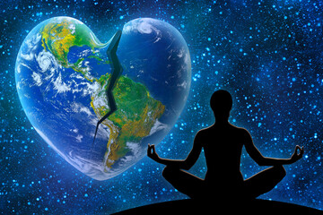 Female yoga figure against universe background. Earth in the shape of a broken heart, ecology and...