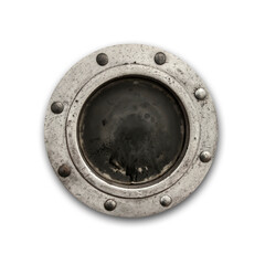 Round rusty ship porthole window isolated on white. Clipping path included.