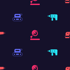 Set Electric drill machine, planer tool, Table saw for woodwork and sander on seamless pattern. Vector